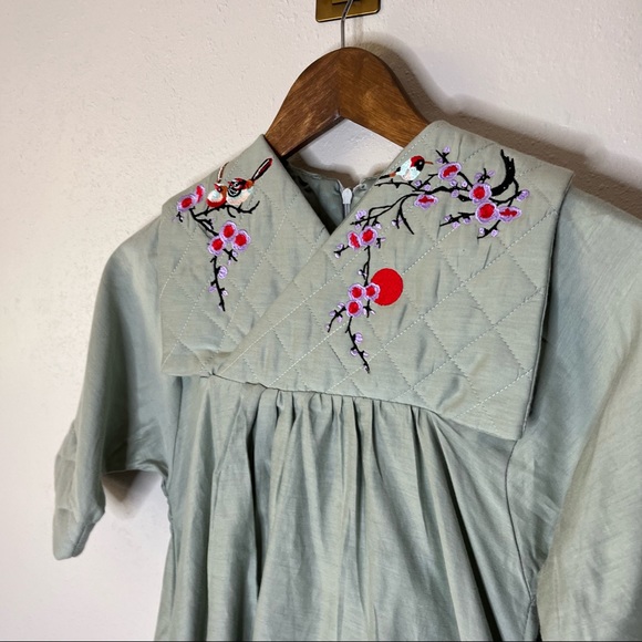 RaspberryPlum Green Cherry Blossom Bird Embroidered Quilted Dress Size 3-4 Years - Picture 3 of 12